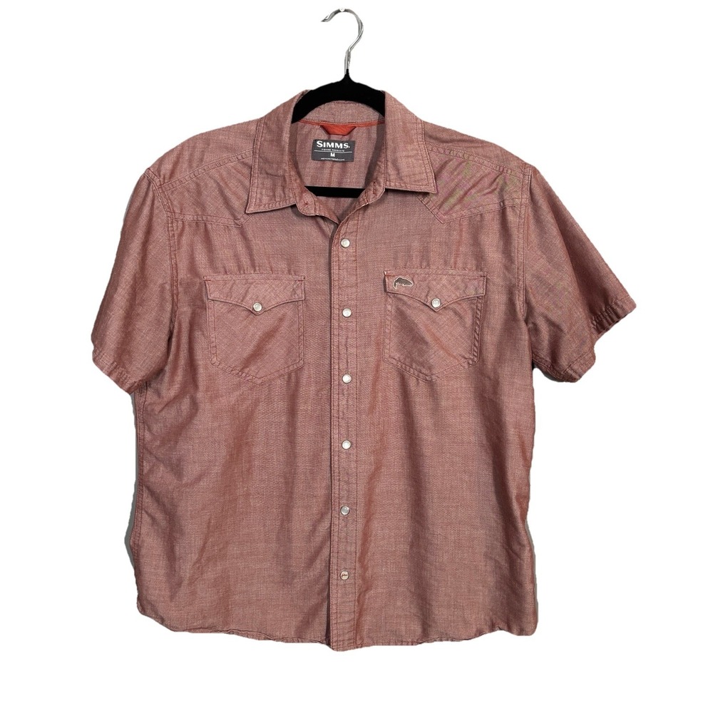 Simms Fishing Shirt Mens Medium Red Pearl Snap Button Up Short Sleeve Outdoors
